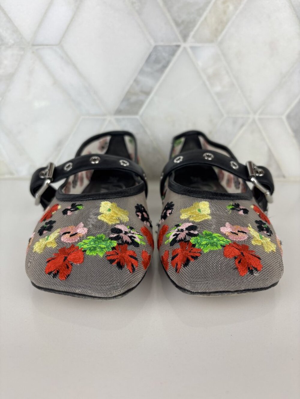 36 Phillip Lim ID Flowerworks Mesh Flat Embroidered Floral Square Toe Leather - Picture 2 of 13